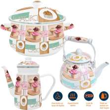 Trio Panela Chaleira Bule Cake Esmaltados À Indução Vintage