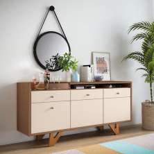 Buffet Aparador Noeli com Bandeja Lateral MDP/MDF Pés em Madeira Castanho/Off White G26 - Gran Belo