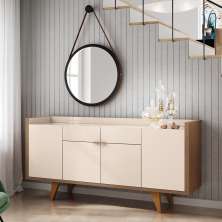 Buffet Balcão Decorativo Albâni Pés Madeira Sala de Jantar MDP/MDF Off White/Castanho G26 - Gran Belo