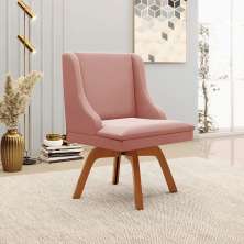 Cadeira Decorativa Sala de Jantar Base Giratória de Madeira Firenze Veludo Rosê/Natural G19 - Gran Belo