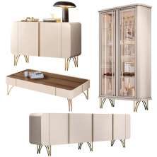Conjunto 1 Cristaleira 2 Buffets e 1 Mesa de Centro Évora/Saluti/Benvenuto/Cadenza Off White/Castanho G26 - HB Móveis