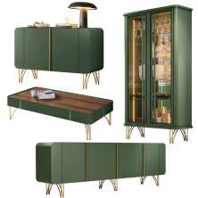Conjunto 1 Cristaleira 2 Buffets e 1 Mesa de Centro Texas/Virginia/Bambino/Rennes Verde Pistache/Castanho G26 - Gran Belo