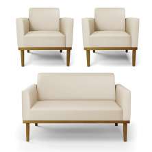 Conjunto 2 Poltronas e 1 Namoradeira Decorativa Isabella Pés Fixo em Madeira Castanho PU Bege G19 - Gran Belo