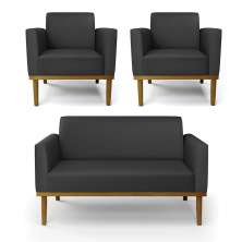 Conjunto 2 Poltronas e 1 Namoradeira Decorativa Isabella Pés Fixo em Madeira Castanho PU Preto G19 - Gran Belo