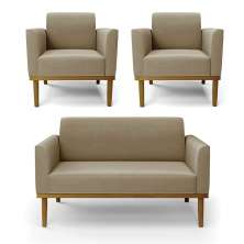 Conjunto 2 Poltronas e 1 Namoradeira Decorativa Isabella Pés Fixo em Madeira Castanho Suede Nude G19 - Gran Belo
