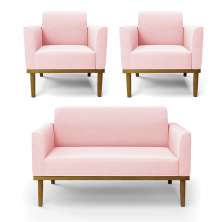 Conjunto 2 Poltronas e 1 Namoradeira Decorativa Isabella Pés Fixo em Madeira Castanho Suede Rosa Bebê G19 - Gran Belo