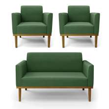 Conjunto 2 Poltronas e 1 Namoradeira Decorativa Isabella Pés Fixo em Madeira Castanho Suede Verde G19 - Gran Belo