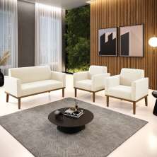 Conjunto 2 Poltronas e 1 Namoradeira Decorativa Isabella Pés Fixo em Madeira Castanho Veludo Bege G19 - Gran Belo