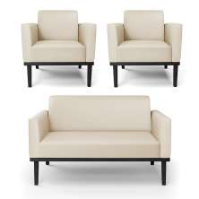 Conjunto 2 Poltronas e 1 Namoradeira Decorativa Isabella Pés Fixo em Madeira Preto PU Bege G19 - Gran Belo