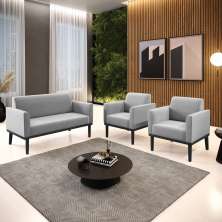 Conjunto 2 Poltronas e 1 Namoradeira Decorativa Isabella Pés Fixo em Madeira Preto Suede Cinza G19 - Gran Belo
