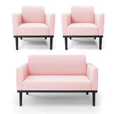 Conjunto 2 Poltronas e 1 Namoradeira Decorativa Isabella Pés Fixo em Madeira Preto Suede Rosa Bebê G19 - Gran Belo