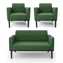 Conjunto 2 Poltronas e 1 Namoradeira Decorativa Isabella Pés Fixo em Madeira Preto Suede Verde G19 - Gran Belo