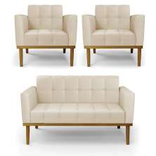 Conjunto 2 Poltronas e 1 Namoradeira Decorativa Karen Pés Fixo em Madeira Castanho PU Bege G19 - Gran Belo