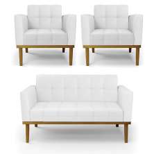 Conjunto 2 Poltronas e 1 Namoradeira Decorativa Karen Pés Fixo em Madeira Castanho PU Branco G19 - Gran Belo