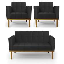 Conjunto 2 Poltronas e 1 Namoradeira Decorativa Karen Pés Fixo em Madeira Castanho PU Preto G19 - Gran Belo
