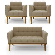 Conjunto 2 Poltronas e 1 Namoradeira Decorativa Karen Pés Fixo em Madeira Castanho Suede Nude G19 - Gran Belo