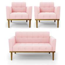 Conjunto 2 Poltronas e 1 Namoradeira Decorativa Karen Pés Fixo em Madeira Castanho Suede Rosa Bebê G19 - Gran Belo