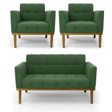 Conjunto 2 Poltronas e 1 Namoradeira Decorativa Karen Pés Fixo em Madeira Castanho Suede Verde G19 - Gran Belo