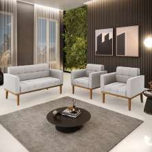 Conjunto 2 Poltronas e 1 Namoradeira Decorativa Karen Pés Fixo em Madeira Castanho Veludo Cinza G19 - Gran Belo