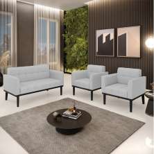 Conjunto 2 Poltronas e 1 Namoradeira Decorativa Karen Pés Fixo em Madeira Preto Linho Cinza G19 - Gran Belo