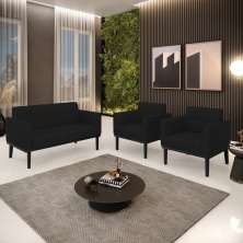 Conjunto 2 Poltronas e 1 Namoradeira Decorativa Karen Pés Fixo em Madeira Preto Linho Preto G19 - Gran Belo