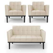 Conjunto 2 Poltronas e 1 Namoradeira Decorativa Karen Pés Fixo em Madeira Preto PU Bege G19 - Gran Belo