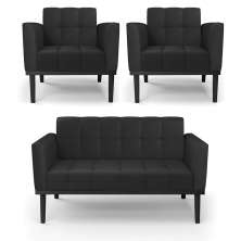 Conjunto 2 Poltronas e 1 Namoradeira Decorativa Karen Pés Fixo em Madeira Preto PU Preto G19 - Gran Belo