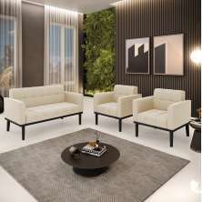 Conjunto 2 Poltronas e 1 Namoradeira Decorativa Karen Pés Fixo em Madeira Preto Suede Bege G19 - Gran Belo