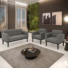 Conjunto 2 Poltronas e 1 Namoradeira Decorativa Karen Pés Fixo em Madeira Preto Suede Grafite G19 - Gran Belo