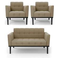 Conjunto 2 Poltronas e 1 Namoradeira Decorativa Karen Pés Fixo em Madeira Preto Suede Nude G19 - Gran Belo