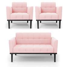 Conjunto 2 Poltronas e 1 Namoradeira Decorativa Karen Pés Fixo em Madeira Preto Suede Rosa Bebê G19 - Gran Belo
