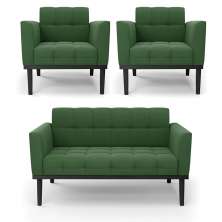 Conjunto 2 Poltronas e 1 Namoradeira Decorativa Karen Pés Fixo em Madeira Preto Suede Verde G19 - Gran Belo