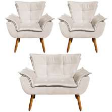 Conjunto 2 Poltronas e 1 Namoradeira Pés Palito Charger Suede Bege G19 - Gran Belo