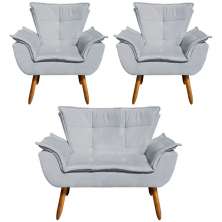 Conjunto 2 Poltronas e 1 Namoradeira Pés Palito Charger Suede Cinza G19 - Gran Belo