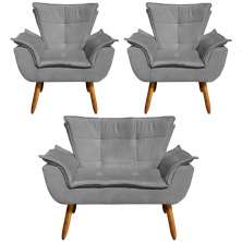 Conjunto 2 Poltronas e 1 Namoradeira Pés Palito Charger Suede Grafite G19 - Gran Belo