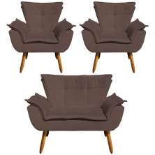 Conjunto 2 Poltronas e 1 Namoradeira Pés Palito Charger Suede Marrom G19 - Gran Belo
