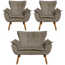 Conjunto 2 Poltronas e 1 Namoradeira Pés Palito Charger Suede Nude G19 - Gran Belo