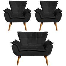 Conjunto 2 Poltronas e 1 Namoradeira Pés Palito Charger Suede Preto G19 - Gran Belo