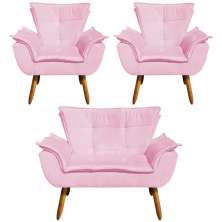 Conjunto 2 Poltronas e 1 Namoradeira Pés Palito Charger Suede Rosa G19 - Gran Belo