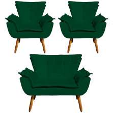 Conjunto 2 Poltronas e 1 Namoradeira Pés Palito Charger Suede Verde G19 - Gran Belo