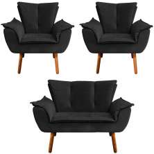 Conjunto 2 Poltronas e 1 Namoradeira Pés Palito Charger Veludo Preto G19 - Gran Belo