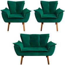 Conjunto 2 Poltronas e 1 Namoradeira Pés Palito Charger Veludo Verde G19 - Gran Belo