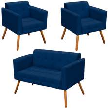 Conjunto 2 Poltronas e 1 Namoradeira Pés Palito Karen Suede Azul Marinho G19 - Gran Belo