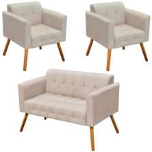 Conjunto 2 Poltronas e 1 Namoradeira Pés Palito Karen Suede Bege G19 - Gran Belo