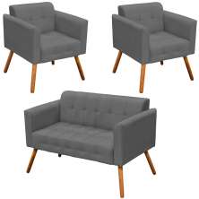 Conjunto 2 Poltronas e 1 Namoradeira Pés Palito Karen Suede Grafite G19 - Gran Belo