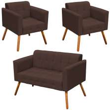 Conjunto 2 Poltronas e 1 Namoradeira Pés Palito Karen Suede Marrom G19 - Gran Belo