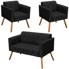 Conjunto 2 Poltronas e 1 Namoradeira Pés Palito Karen Suede Preto G19 - Gran Belo