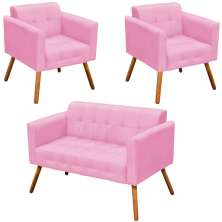 Conjunto 2 Poltronas e 1 Namoradeira Pés Palito Karen Suede Rosa G19 - Gran Belo
