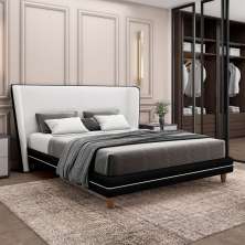 Conjunto Cama com Cabeceira King Torres Pés em Madeira PU/Bouclê Preto/Off White G91 - Gran Belo
