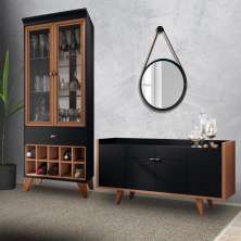 Conjunto Cristaleira Adega Bar e Buffet Balcão Decorativo Andorra/Albani Preto/Nature G26 - Gran Belo